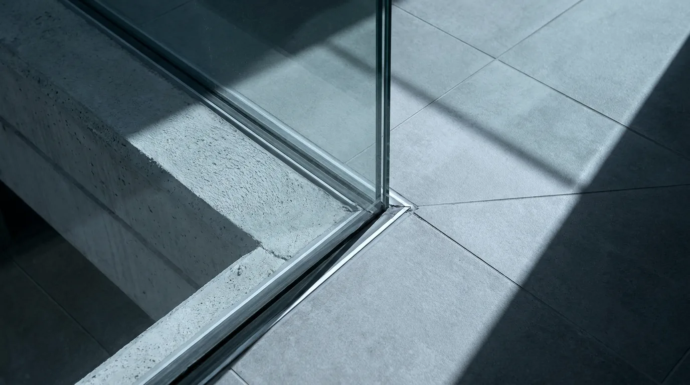 A finished balcony threshold and glass balustrade junction — the kind of close-out detail that decides waterproofing