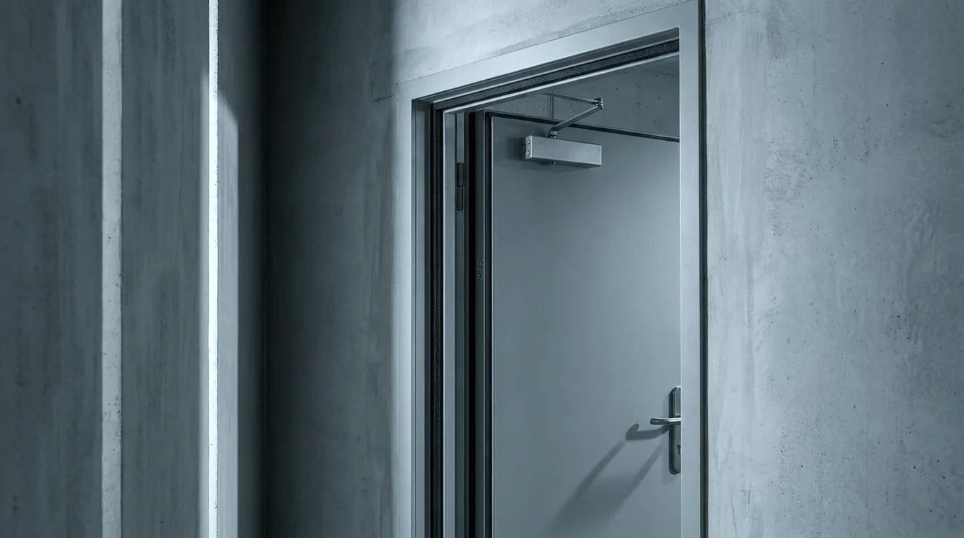 A fire door, closer and seal in a near-complete building — the kind of certification item defect disputes turn on