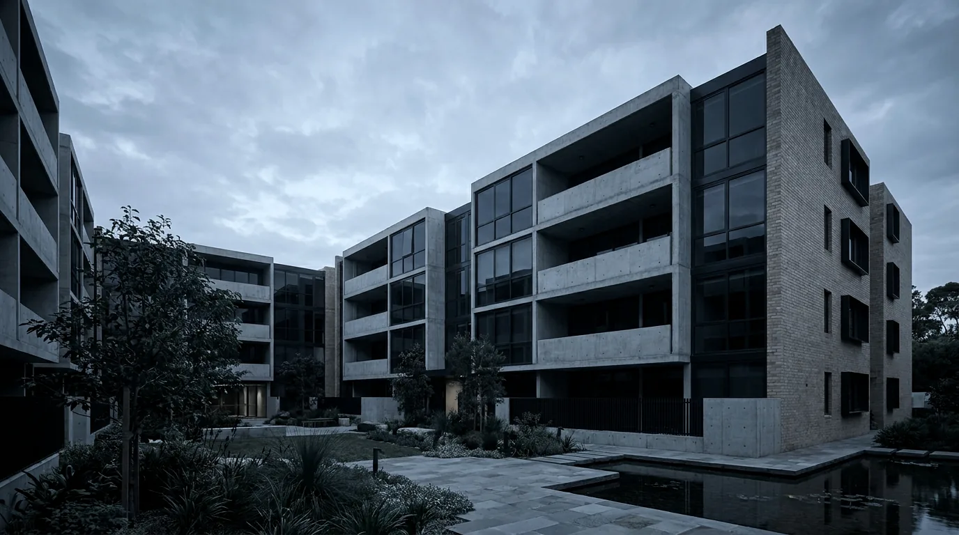 A completed residential apartment complex — the asset an owners corporation inherits at handover